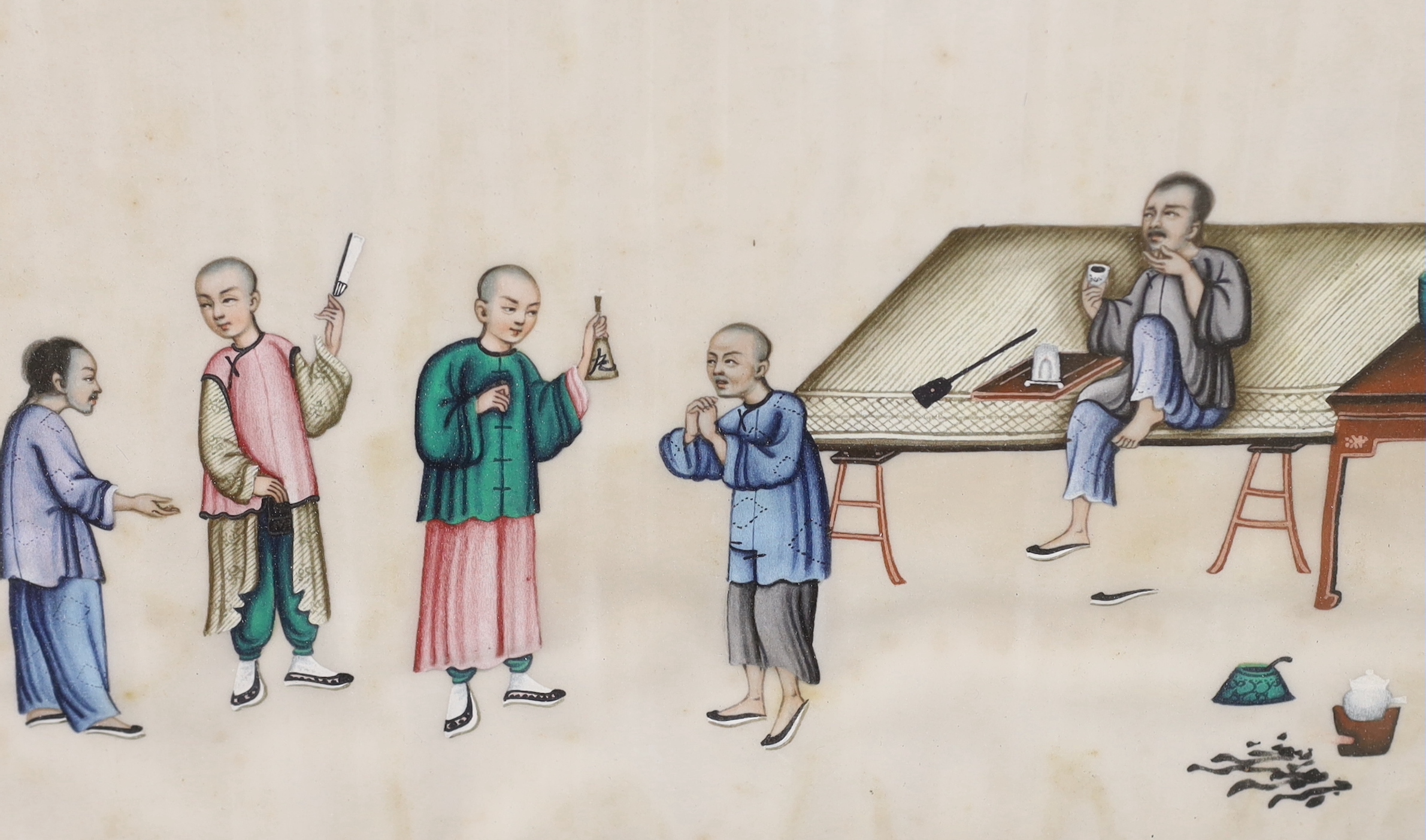 19th century Chinese school, set of 12 pith paper paintings, figures smoking opium pipes, each 32 x 20cm